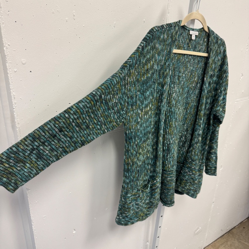 J. Jill Green Space Dye Open Front Cardigan Sweater XL Petite Cotton Blend - Picture 3 of 9
